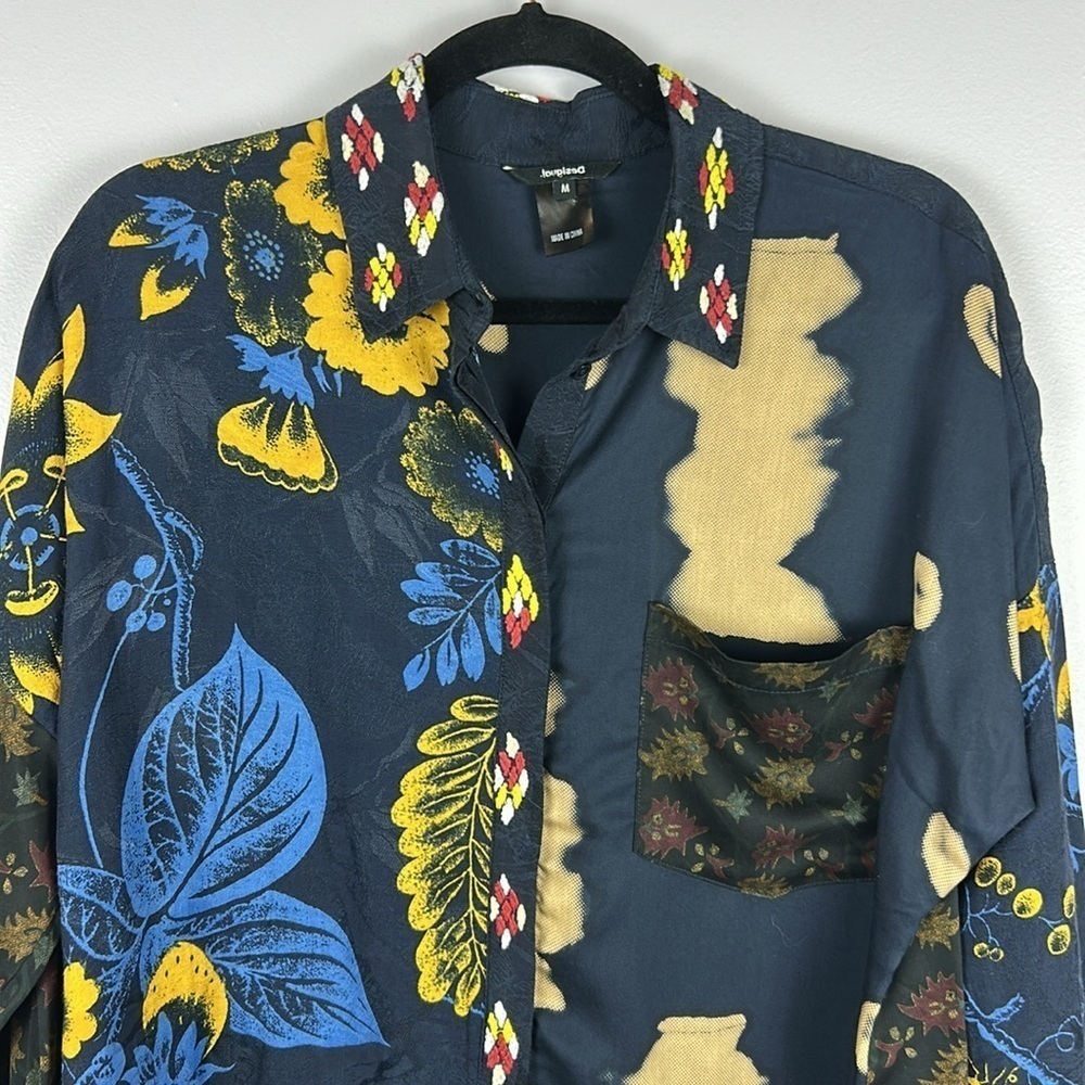 Desigual Vardar Artsy Embroidered Long Sleeve Button Down Shirt Medium Blue - Picture 3 of 13